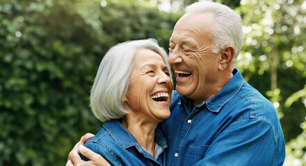 Happy elderly couple laughing together in a lush green garden