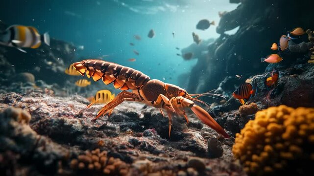 Spiny lobster walking along the seabed, accompanied by small fish swimming gracefully in the vibrant blue water near a colorful coral reef, highlights the beauty of marine life