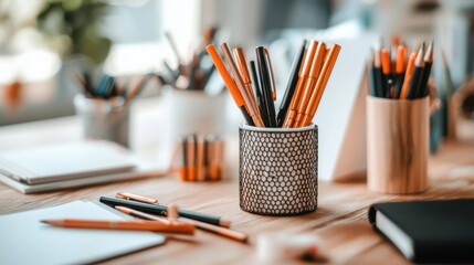 Organized Workstation with Colorful Stationery Supplies on Wooden Desk