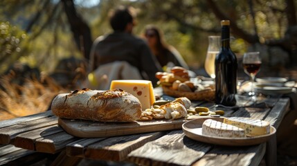 Wooden table with artisan bread and cheese and bottle of wine outdoors on a sunny day, with blurred couple enjoying picnic in lush green park.