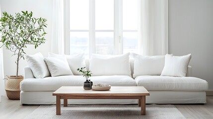 Bright and Airy Minimalist Living Room with Wooden Coffee Table and Large Windows