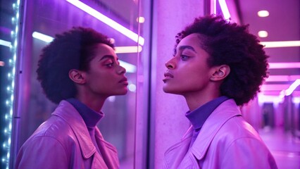 A captivating portrait captured with a double reflection enveloped in soft neon lavender hues. The blended images produce a dreamlike quality while vibrant highlights dance around