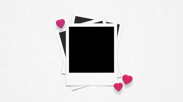 Vintage Instant Photo Frames With Alpha And 3D Floating Hearts On Paper Background Loop