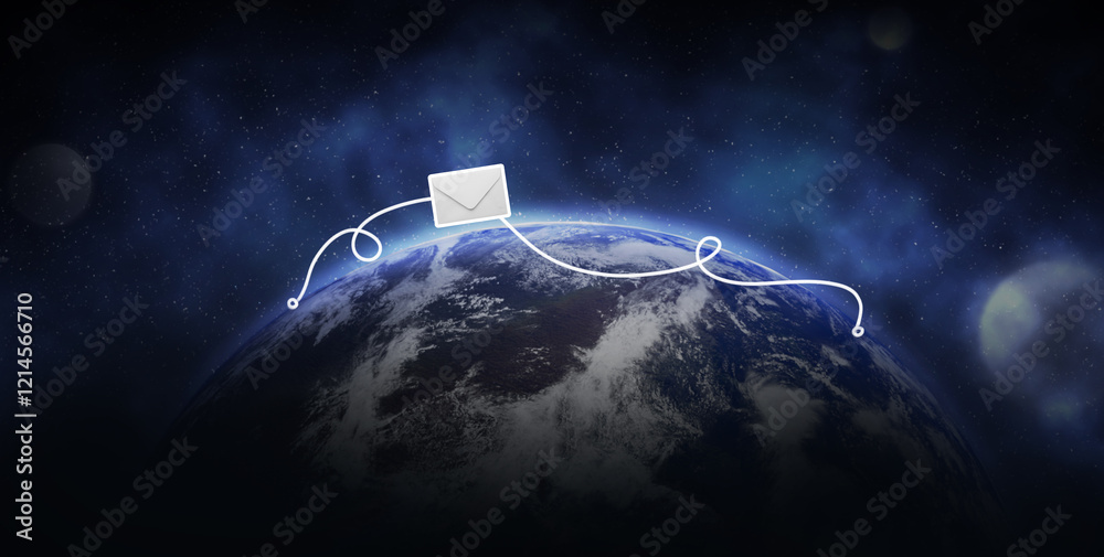 Wall mural envelope with letter flying over globe in space. flight path from one point to another. internationa