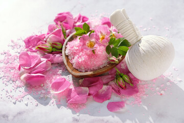 thai herbal massage bag, bowl of aromatic sea salt and pink wild rose flowers on marble background close up. Spa, relax, aromatherapy, healthcare. Spa herbal massage Compress, scrub for body care