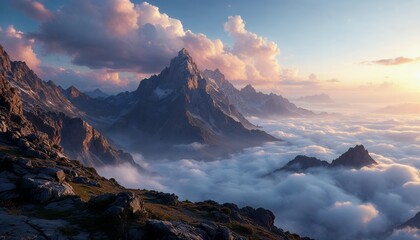 Majestic Mountain Peak Sunset Landscape Above Clouds