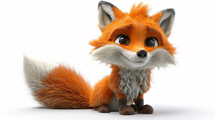 Obraz premium 3D fox with bushy tail and orange fur looks happy, sitting down on plain background