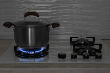 Pot on modern gas cooktop in kitchen