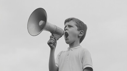 Young boy shouting into a megaphone.