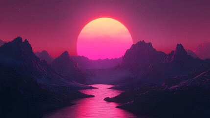 Pink Sunset over Mountains and Lake   Surreal Landscape