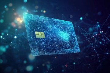Abstract bank card and light blue graph chart hologram on technology dark background. Growth of percentage or cashback money, finance concept. Digital crypto business. Low poly vector illustration.
