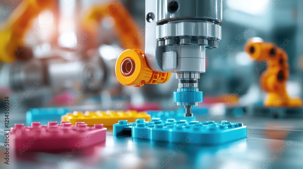 Poster modern robotic arm assembling colored building blocks in high tech factory