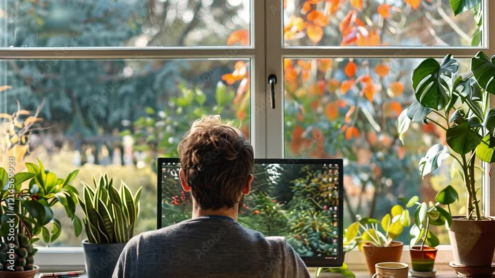 Poster a person sits at a wooden desk, focused on their computer screen. various potted plants adorn the wo