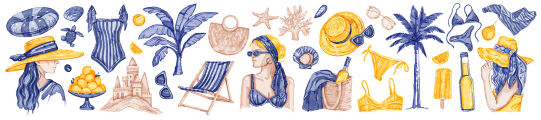 Summer watercolor illustration set, vector hand drawn beach vacation sticker, tropical ocean rest. Beautiful woman portrait, mediterranean weekend clipart, swimming suit, sun hat. Summer beach kit