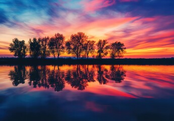 Obraz premium Vivid sunset sky reflected in calm water with silhouetted trees creating stunning scenery