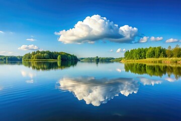 A soft, white cloud floats above a serene lake on a warm summer morning, sunny, peaceful, clouds, calm, serene