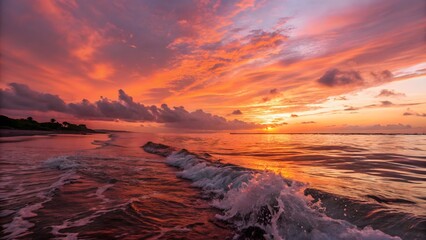 Obraz premium Serene Sunset Over Calm Sea with Waves and Colorful Sky Reflections