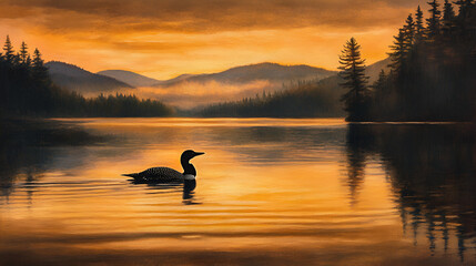 Fototapeta premium A beautiful and beautiful duck with the swimming in the serene autumn scene , natural landscape on the swimming background 