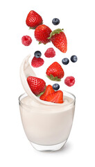 Fresh berries falling into glass of yogurt on white background