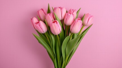 Bouquet of pink tulips arranged elegantly in a simple vase on a light background