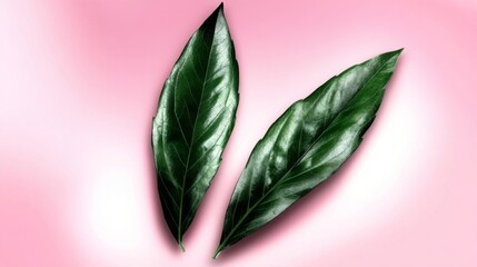 Obraz premium Close-up of Two Lush Green Leaves on Pink Background