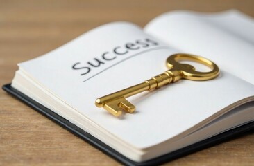 Golden key placed on an open book page with the word success, representing the pursuit of goals and aspirations