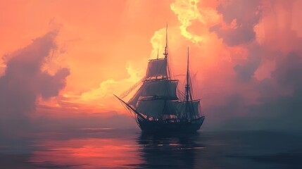 Fototapeta premium Sunset Sailboat Ocean Vessel at Dusk Dramatic Sky