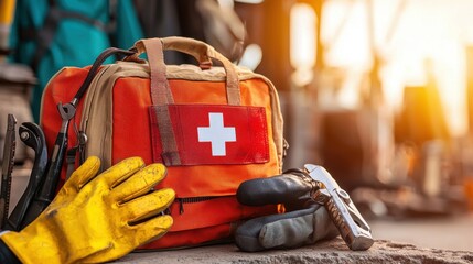 First Aid Bag Close Up with Gloves and Tools in Construction Setting
