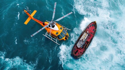 Fototapeta premium Aerial View of Rescue Helicopter Assisting at Ocean Scene