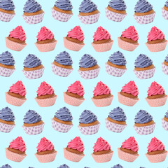 Pattern of cupcakes with cream on light blue background