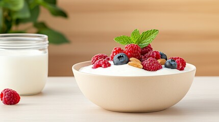 Bowl of yogurt topped with fresh berries and sliced almonds on a wooden table