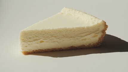 Creamy cheesecake slice on white background.