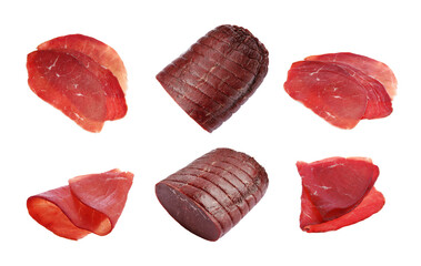 Tasty fresh bresaola isolated on white, set