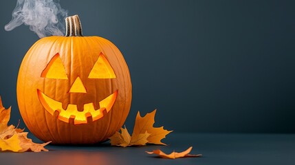 Lit pumpkin with a carved face and smoke effects for halloween decoration and celebration