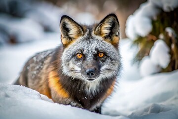 Fototapeta premium Red Fox Winter Hunt: Stealthy Silver Fox in Snowy Landscape