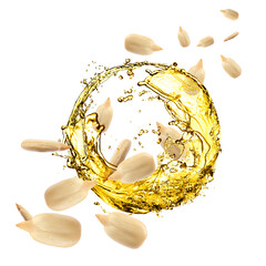 Cooking oil splashes and flying sunflower seeds on white background