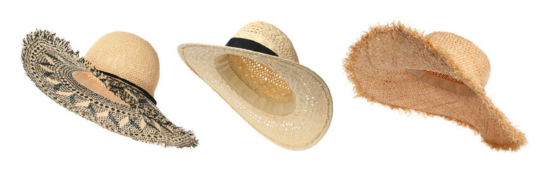 Different stylish straw hats isolated on white, set. Fashionable accessory