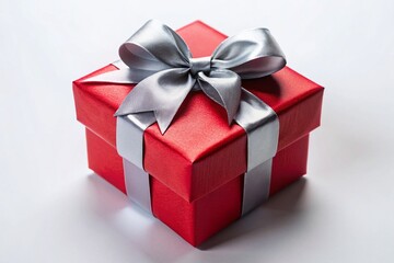 Red Gift Box with Gray Bows – Isolated on White Background – Perfect for Holiday or Birthday Packaging Stock Photo