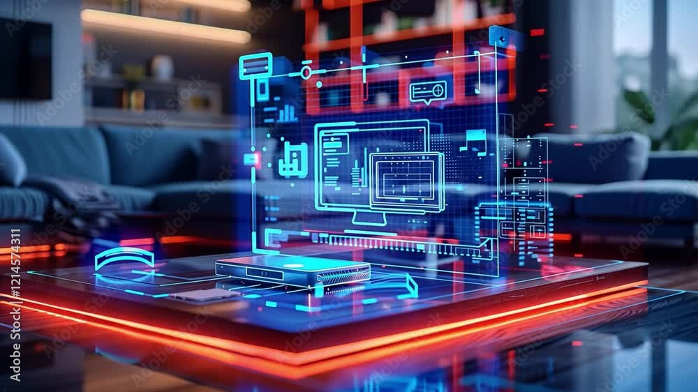 Leinwandbilder a modern living room features a holographic display depicting various digital interfaces and data. t