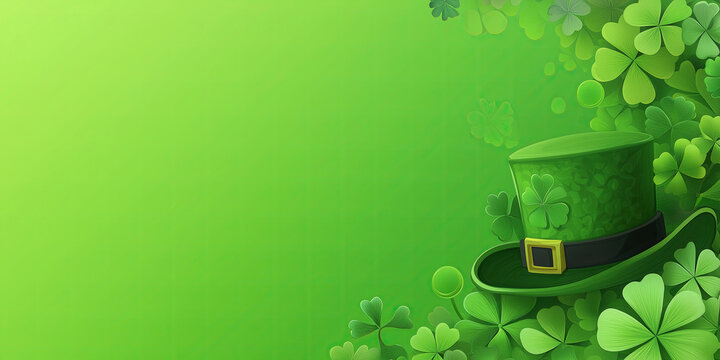 Green top hat and clover on the lawn to the right on a bright green background. Advertising banner, good luck charm for St. Patrick's Day. Bright and festive St. Patrick's Day.