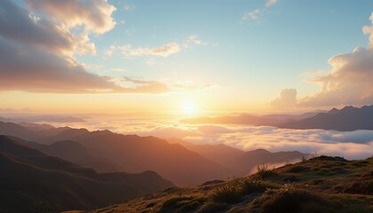 Obraz premium Stunning Sunrise Mountain Landscape with Clouds and Golden Light