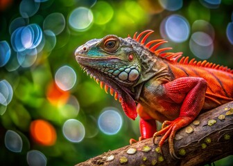 Fototapeta premium Red Iguana Perched on Branch, Bokeh Background - Wildlife Stock Photo