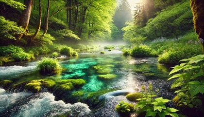 Enchanted Forest Stream with Crystal Clear Water and Lush Greenery