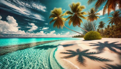 Tropical Paradise Beach with Palm Trees and Crystal Clear Waters