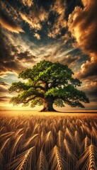 Majestic Oak Tree in a Golden Wheat Field at Sunset