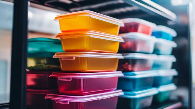A vibrant arrangement of stacked plastic food storage containers in various colors, organized on a shelf in a kitchen or pantry. The image conveys organization, meal prep, and storage solutions