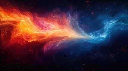 Obraz premium Fiery and Icy Nebula Cosmic Dance: A vibrant nebula showcases contrasting colors of fiery orange and cool blue, swirling in a cosmic dance against a backdrop of twinkling stars.