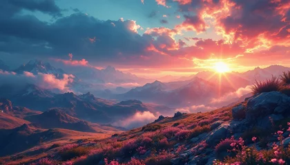 Wall murals Stunning Mountain Sunset Landscape with Pink Flowers