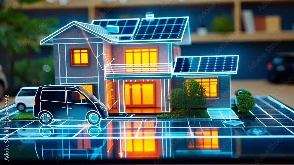 Poster a detailed model of an innovative smart home with solar panels is presented alongside a sleek electr