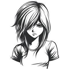 Anime girl portrait, serious expression, stylish hair, casual t-shirt, graphic design, possible use for poster, print